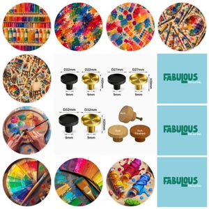 May include: A collection of round cabinet knobs in black, gold, and natural wood finishes. The image displays various sizes with labeled dimensions in millimeters and centimeters, alongside artistic circular patterns featuring paint tubes and brushes.