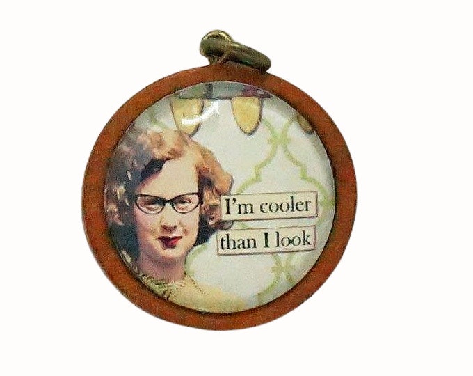 Wooden Backed Glass Tile Pendant Necklace Accessories Natural Wooden Pendant Retro Women Humor I'm cooler than I look