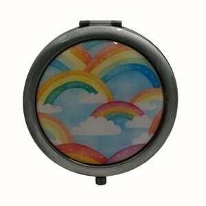 Rainbows and Clouds, Antique Silver Compact Mirror, Purse Mirror, Pocket Mirror, Handbag Mirror, Makeup Mirror