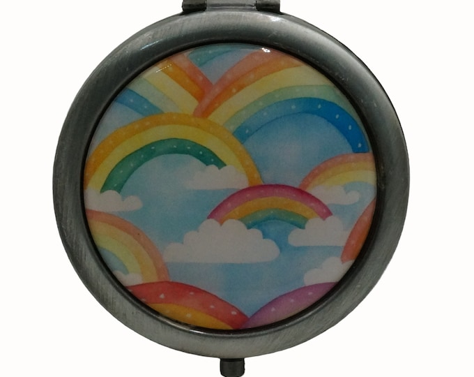 Rainbows and Clouds, Antique Silver Compact Mirror, Purse Mirror, Pocket Mirror, Handbag Mirror, Makeup Mirror