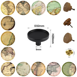 May include: A collection of cabinet knobs and a black drawer pull. The knobs feature antique map designs in various colors. The black pull measures 32mm in diameter and 20mm high, with a 9mm base. The knobs are made of wood and brass.