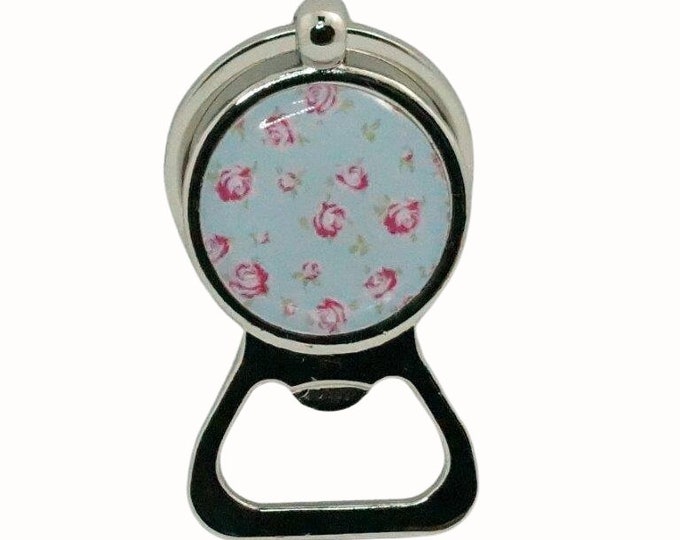 Hand Decorated  Keyring Bottle Opener Key Ring Vintage Roses Pink and Blue