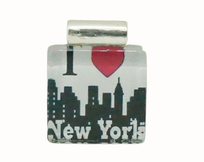 Flat Square Glass Tile Pendant with Tube Bail New York I Love New York