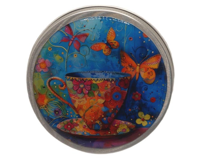 100ml Tin, Teacup and Butterflies, 100ml Round Screw Top Handmade Decorative Tin Pills Medication Rings Earrings Gift Tin Mints Keepsakes