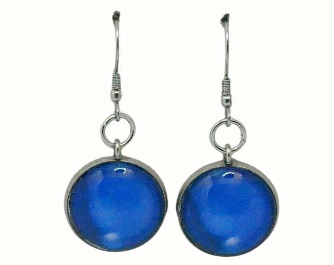 Stainless Steel Glass Tile Hooped Earrings Accessories Solid Blue