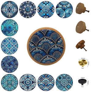 Blue Mandala Wood Drawer Knobs - Bohemian Dresser Pulls, Cabinet Hardware
