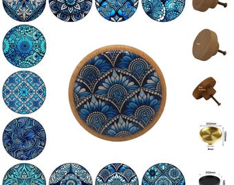 Blue Mandala Wood Drawer Knobs - Bohemian Dresser Pulls, Cabinet Hardware