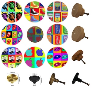 Pop Art Wooden Drawer Knob - Colorful Dresser Pull, Andy Warhol Style - 3cm/4cm/5cm, Brass Knobs