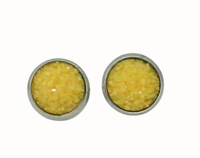 12mm Round Stainless Steel Glass Stud Earrings Druzy Cabochon Yellow