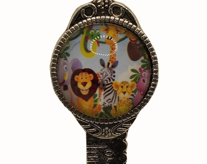 Jungle Animals, Antique Silver, Bookmark with Ruler,  2cm Glass Cabochon