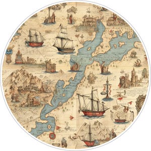 May include: A circular print featuring a vintage-style map with beige parchment background, blue waterways, and detailed illustrations of sailing ships, mountain ranges, architectural structures, and handwritten script text throughout the design.