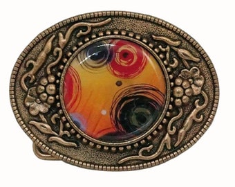 Handmade Decorated Belt Buckle, Floral Etched Oval, Yellow Red Black
