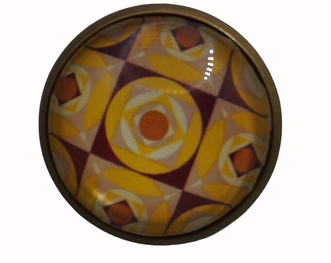 Retro, Patterned, Yellow and Brown, Round Metal Brooch, Bronze, 2.0cm Brooch, Glass, Scarf Pin, Lapel Pin