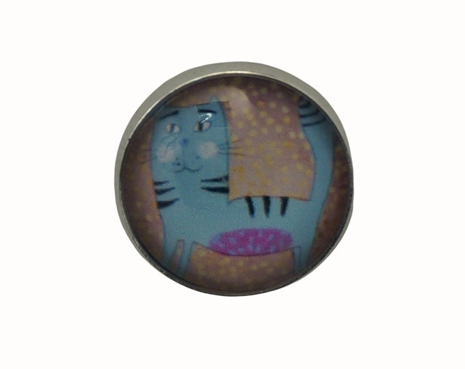 Cat, Round Metal Brooch, Silver Plated, 2.0cm Brooch, Glass, Scarf Pin, Lapel Pin