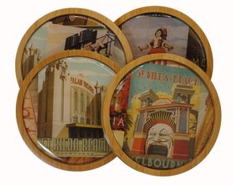 Melbourne nostálgica, Luna Park, Skipping Girl, café, posavasos, juego de cuatro posavasos redondos de madera, vino, posavasos para bebidas, posavasos para café