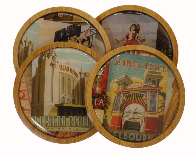 Nostalgic Melbourne, Luna Park, Skipping Girl, Coffee, Coasters,  Set of Four Round Wooden Coasters, Wine, Drink Coasters, Coffee Coaster