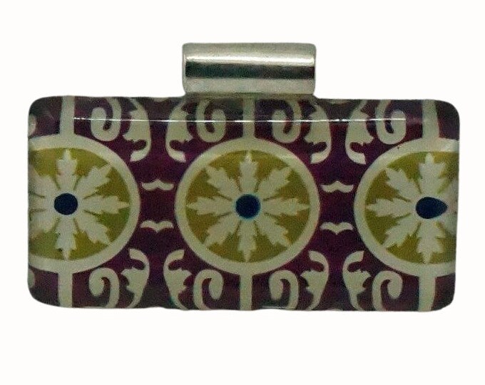 Horizontal Rectangle Glass Tile Pendant Tube Bail Patterned Tile Look Burgundy and Cream