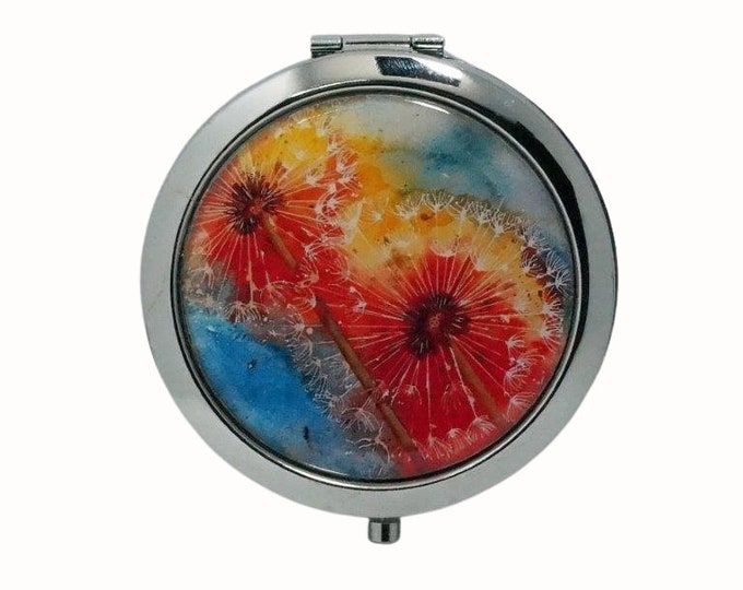 Handmade Dandelion Floral Compact Mirror, Colorful Purse Mirror