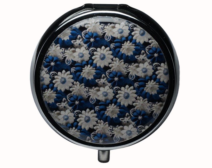 Floral, Daisies, Blue, White, 3D Pill Box, Silver Plated, Medicine Case, One Day Pill Box, Trinket Box, Pill Case