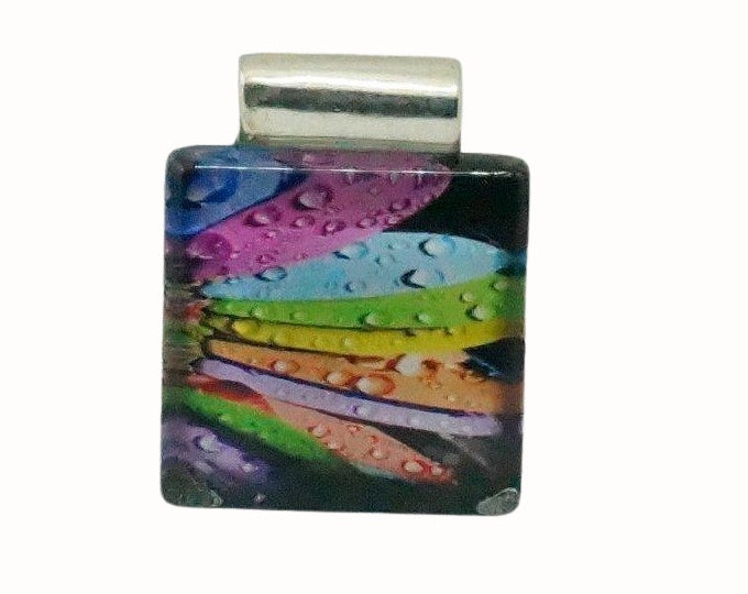 Flat Square Glass Tile Pendant with Tube Bail Floral Colorful Petals with Rain Drops