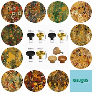Könnte beinhalten: Eine Sammlung runder Schrankknöpfe mit verschiedenen Blumenmustern in Gold-, Grün- und Rottönen. Das Bild enthält technische Diagramme mit Maßen in Millimetern für schwarze und goldene Metallknöpfe sowie Holzknöpfe mit 4cm und 5cm Durchmesser.