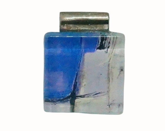 Flat Square Glass Tile Pendant with Tube Bail Art Blue and White