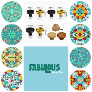 Tiradores de cajón con diseño en azul, rojo y amarillo, para muebles, redondos de madera, de madera, para armarios.