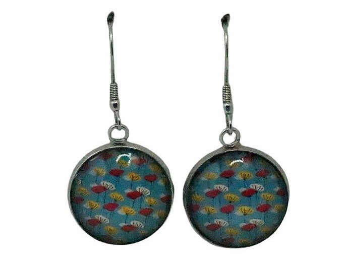 Stainless Steel Glass Tile Hooped Earrings Accessories Floral Flowers Blue Red Yellow