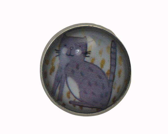 Cat, Round Metal Brooch, Silver Plated, 2.0cm Brooch, Glass, Scarf Pin, Lapel Pin