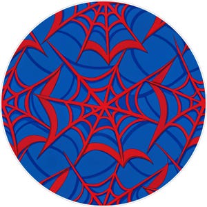 May include: Circular design featuring a repeating pattern of red spiderwebs against a blue background. The webs have a three-dimensional appearance with curved lines and sharp angles, creating a dynamic and eye-catching design.