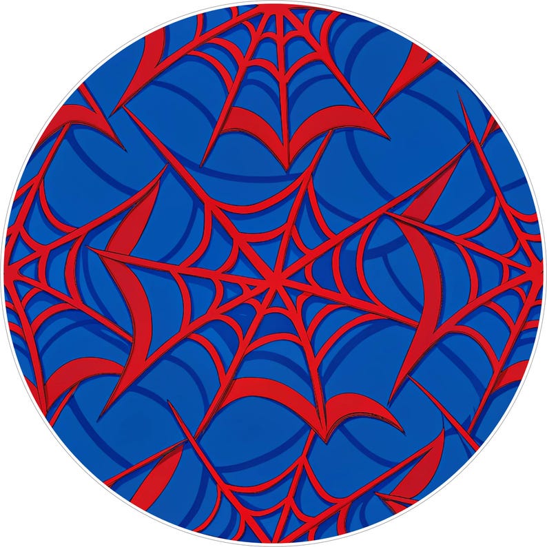 May include: Circular design featuring a repeating pattern of red spiderwebs against a blue background. The webs have a three-dimensional appearance with curved lines and sharp angles, creating a dynamic and eye-catching design.