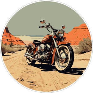 May include: A red motorcycle with chrome accents and spoked wheels parked on a sandy desert trail. The background features orange rock formations and a pale sky. The entire scene is contained within a circular frame with a white border.