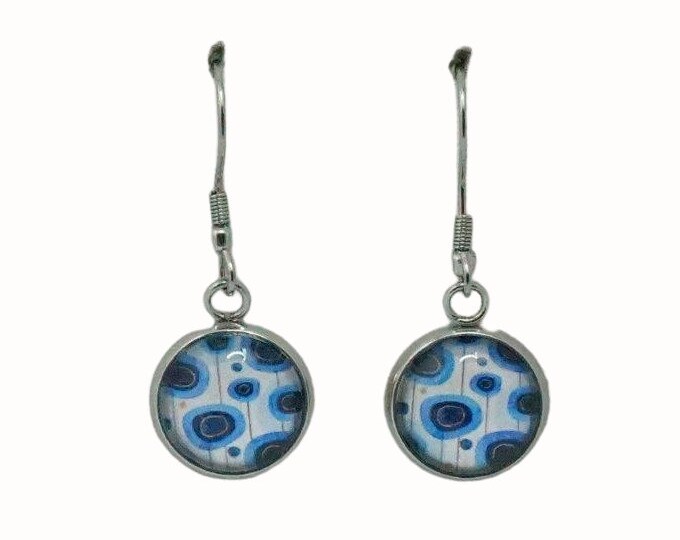 12mm Stainless Steel Glass Tile Hooped Earrings Accessories Floral Blue and White