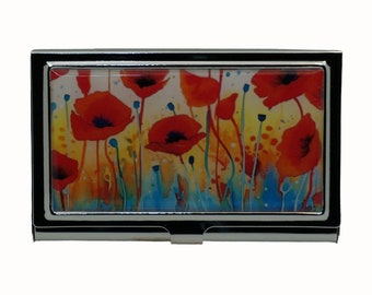 Poppy, Poppies, Floral, Metal Business Card Case, Cigarette Case, Credit Card Protector, Business Card Holder