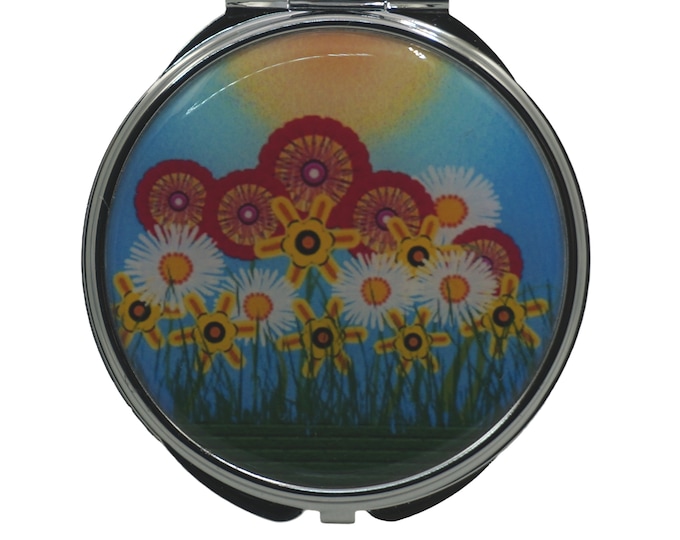 Colorful Flowers,  Large Pill Box, Mirror, Medicine Case, Pill Case, Medication Container, Silver Pill Box, Three Sectioned Pill Box