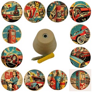 May include: A collection of vintage-style round wall art featuring classic cars, gas pumps, and retro advertisements. The art pieces are in a distressed, aged style with a variety of colors, including red, blue, and yellow. A wooden knob with screws is also included.