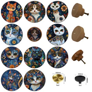 Katzen Schubladenknäufe: Runde Holzknäufe (5 cm) und Messingknäufe