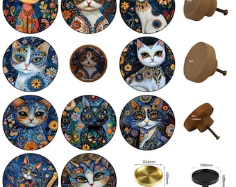Tiradores de cajón con forma de gato: tiradores redondos de madera (5 cm) y tiradores de latón.