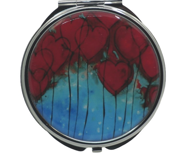 Heart, Red Hearts on Blue ,  Large Pill Box, Mirror, Medicine Case, Pill Case, Silver Pill Box, Three Sectioned Pill Box