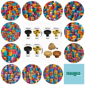 May include: A collection of circular cabinet knobs in black, gold, and natural wood finishes. The knobs are displayed with technical diagrams showing diameters of 22mm, 27mm, and 32mm, and heights of 20mm. Includes wooden knobs labeled 5cm.