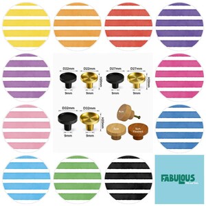 May include: A collection of round cabinet knobs in black, gold, and natural wood finishes. The image displays various sizes with labeled dimensions including 22mm, 27mm, 32mm, 4cm, and 5cm. Circular swatches show striped patterns in yellow, orange, red, purple, pink, blue, light blue, green, and black. The text FABULOUS is visible in the bottom right corner.