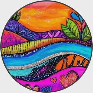 May include: A circular painting featuring vibrant, abstract layers of color including orange, purple, bright blue, and hot pink. The composition includes stylized leaf shapes, dotted patterns, and heart motifs, all outlined in bold black lines.