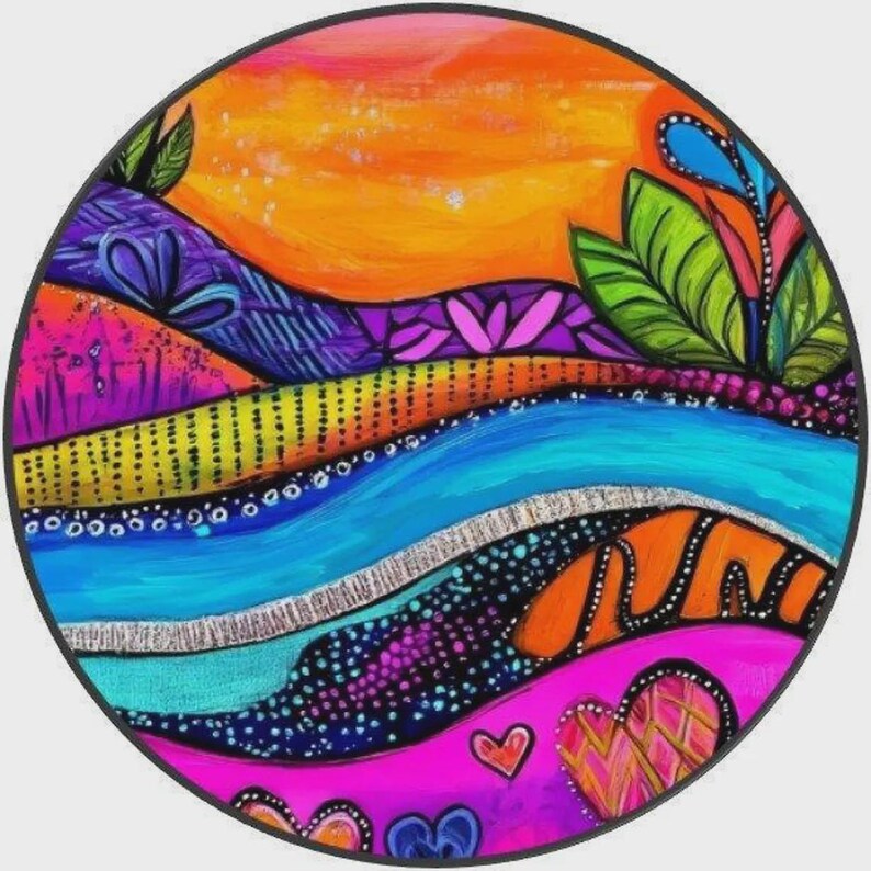 May include: A circular painting featuring vibrant, abstract layers of color including orange, purple, bright blue, and hot pink. The composition includes stylized leaf shapes, dotted patterns, and heart motifs, all outlined in bold black lines.