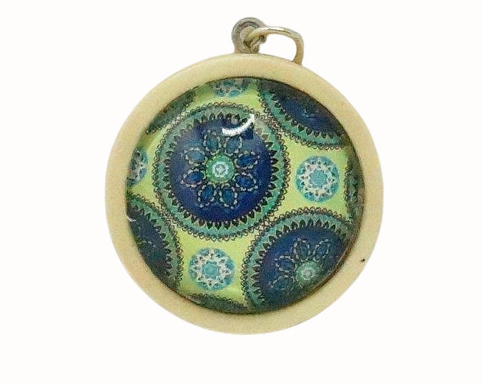 Wooden Backed Glass Tile Pendant Necklace Accessories Natural Wooden Pendant Patterned Retro Green and Blue Circles