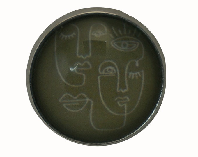 Line Drawn Faces, Round Metal Brooch, Silver Plated, 2.0cm Brooch, Glass, Scarf Pin, Lapel Pin