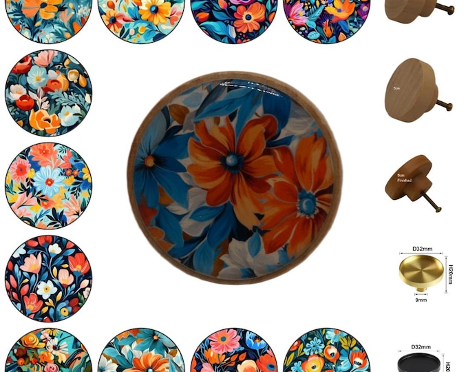 Picasso's Flowers Round Wooden Cabinet Pulls, Drawer Knobs, Home Decor