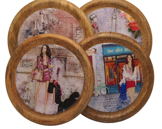 Paris, Set of Four Mango Wooden Coasters, Wine Coasters, Drink Coasters, Coffee Coasters