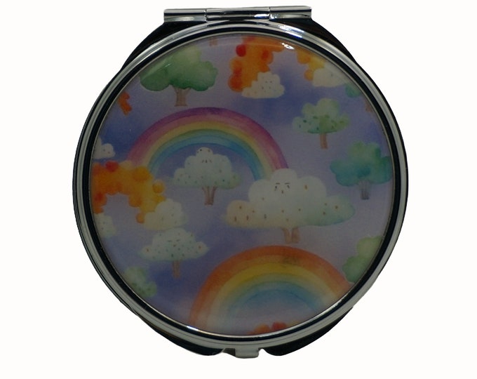 Rainbows, clouds, Trees, Large Pill Box, Mirror, Medicine Case, Pill Case, Silver Pill Box, Three Sectioned Pill Box