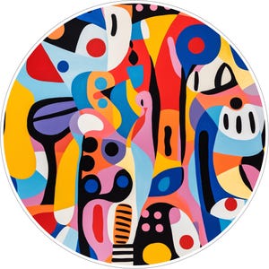 May include: A circular wall art piece featuring a vibrant abstract composition of interlocking organic shapes. The design uses a bold palette of red, yellow, blue, pink, orange, purple, black, and white, with various dots and striped patterns.