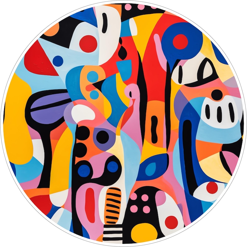 May include: A circular wall art piece featuring a vibrant abstract composition of interlocking organic shapes. The design uses a bold palette of red, yellow, blue, pink, orange, purple, black, and white, with various dots and striped patterns.